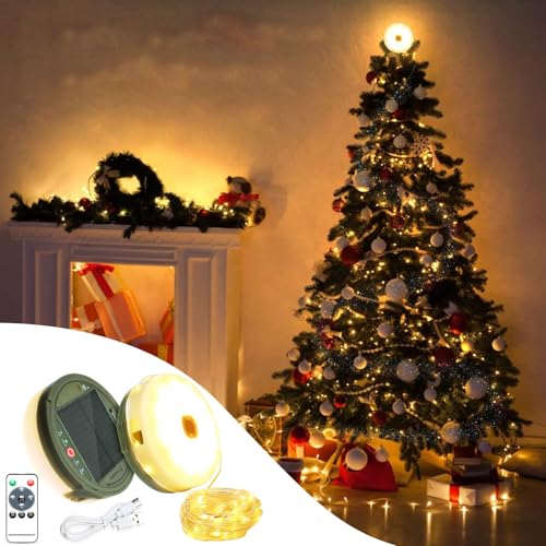 Outdoor Waterproof Portable Stowable String Light,12M 120LED Solar Camping String Lights Reel,Portable 2 in 1 Christmas Fairy Lights,USB Rechargeable for Camping,Yard,Garden,Patio,Warm White