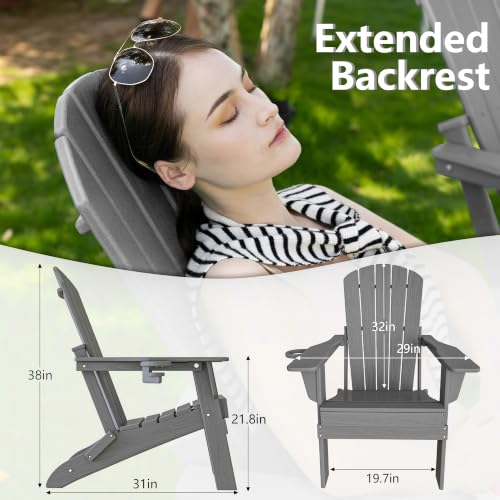 Image of Plawdlik Folding Adirondack Chair 9-piece Set, Cup Holder, Gray | pin-free folding, 38-in tall back, Wood-grain All-weather HDPE; for fire pit, poolside, deck, backyard, patio