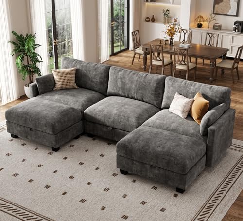 Image of Modular Sectional Sofa, 101 inch U Shaped Couch with Storage | High Resilience Foam, 22 inch Seat Depth, Movable Ottoman, Comfy Chenille, Easy Assembly, Dark Gray