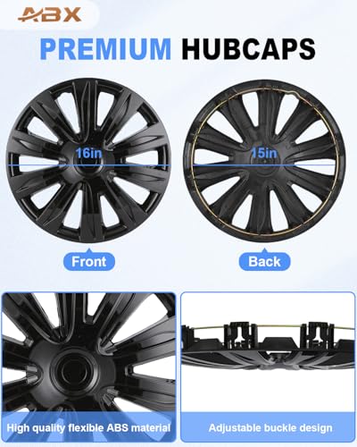 Image of ABX Hubcap Wheel Covers Hub Caps 16 Inch Set of 4 Black Universal Wheel Rim Cover R16 Stylish Car Decor Wheel Covers