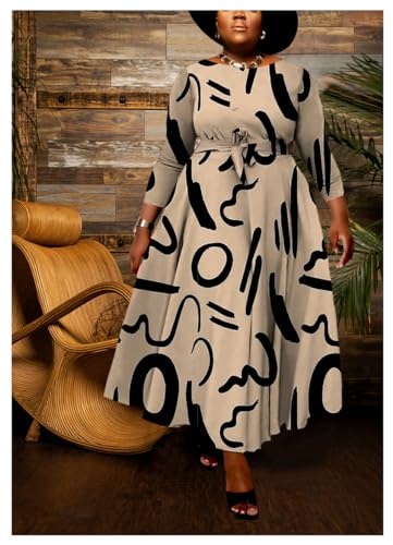 Image of Hostoyo Women Plus Size Formal A Line Maxi Dress Self Tie Waist with Pockets Elegant Round Neck Swing Long Dresses