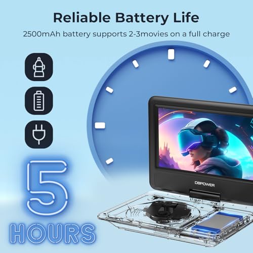 Image of DBPOWER 11.5 inch Portable DVD Player, 5-Hour Built-in Rechargeable Battery, 9 inch Swivel Screen, Support CD /DVD /SD Card /USB, Remote Control, 1.8 Meter Car Charger, Power Adaptor and Car Headrest (Black)