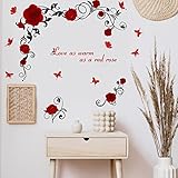 PLIGREAT Red Rose Love Quotes Wall Stickers, Peel and Stick Wall Decals, Removable Vinyl Butterfly Wall Sticker for Bedroom Living Room Dining Room Florist Wall Decorations Home Indoor Wall Art Decor