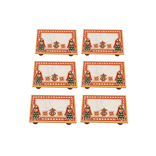 Handicrafts Paradise Marble Puja Chowki Set of 6 pc Rectangle Shape with Kalash Design