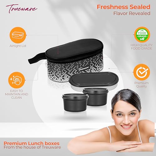 Image of Trueware Omaga Lunch Box with Insulated Fabric Jacket, 2 Microwave Safe & Leak Proof Inner Stainless Steel Containers 400ml Each & 1 Plastic Oval Chapati /Rice Container Tiffin for Office, College
