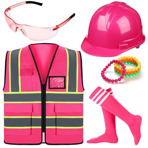 Geiserailie 9 Pcs Neon Construction Worker Costume Reflective Vest Hat Glasses Bracelet Socks for Women Football Spirit Week