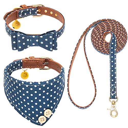 Image of EXPAWLORER Dog Collar and Leash Set - Classic Polka Dots Bow Tie & Bandana Collar with Bell, Tangle-Free Leash, Adjustable for Small to Large Dogs & Cats