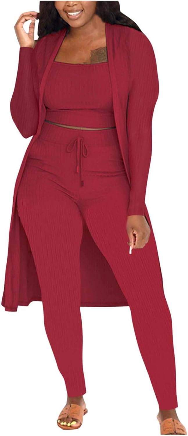 3 Piece Ribbed Lounge Sets for Women 2025 Fall Sweatsuit Outfit Open Front Cardigan Crop Tank Tops and Leggings Pants