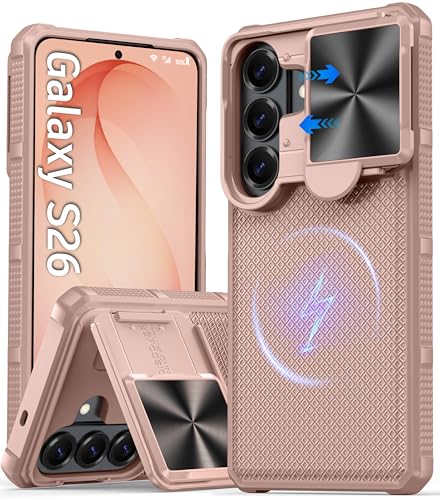 Image of Magnetic for Samsung Galaxy S26 Case,[Slide Camera Cover][Kickstand][Compatible with Magsafe][Military Grade Protection] Shockproof Rugged Case for Galaxy S26, Rose Gold