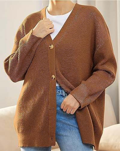 Image of ebossy Women's Open Front Knit Cardigan Casual Long Sleeve Oversized Button Lightweight Sweater Outwear (XS, Brown)