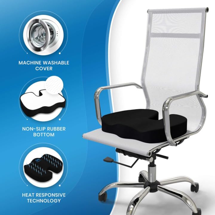 Image of DEBIK Coccyx Seat Cushion with Orthopedic Gel Memory Foam Tailbone & Lower Back Pain, U-Shaped Hip Support Pillow for Chairs - Upto 120 kg (Black)