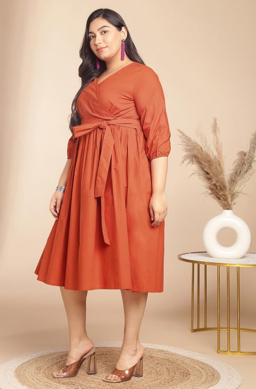 Image of Janasya Women's Pure Cotton Solid A-Line Below The Knee Dress