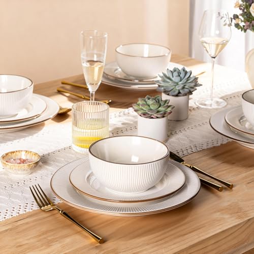 Image of GBHOME Ceramic Dinnerware Sets,12 pcs Embossed Elegant Stoneware Plates and Bowls Sets, Housewarming Wedding Gift | Dishwasher & Microwave Safe | Dishes Set Service for 4