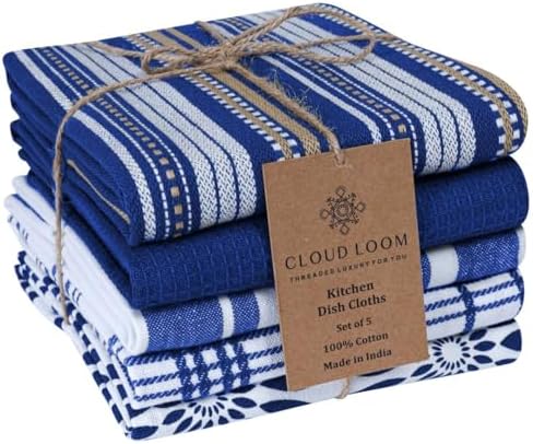 Assorted Kitchen Towels Large 16x26 inch 100% Cotton Set of 5 - Soft Absorb...