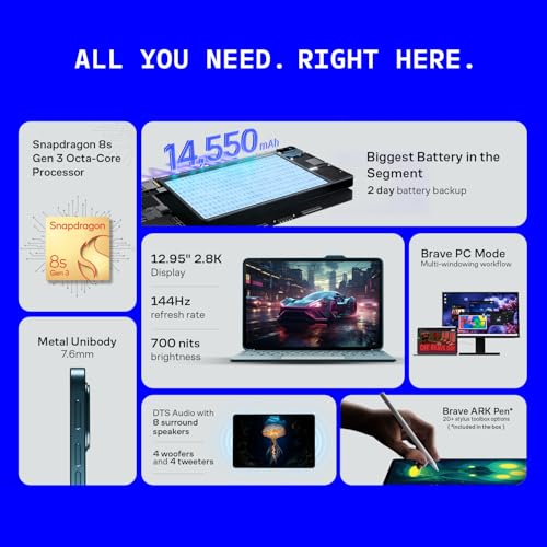 Image of Brave Ark (SmartChoice) Android Tablet with Pen| 12.95 inch(32cm) 2.8K 144Hz Display| Snapdragon 8s Gen 3| AI-Enabled|12GB RAM, 256GB ROM| Segment's Biggest 14550mAh Battery| 8 Speakers|WiFi|Galactic Blue
