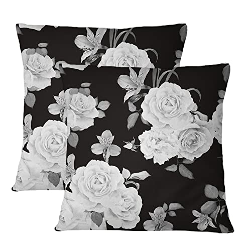 Juego de 2 fundas de almohada florales con flores en blanco y negro, fundas de almohada decorativas para sofá, dormitorio, sala de estar, 18 x 18 pulgadas Cover