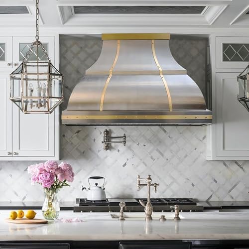 SINDA Handcrafted Custom Stainless Steel Vent Hood, w/ SUS304 Liner and Internal Motor, 48"Wx27"H, Wall Mount, Brushed Finish, SRH1-2-2TRW482724R