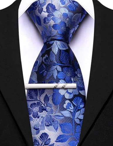 Image of Barry.Wang Floral Ties for Men Flower Necktie with Tie Clip Formal