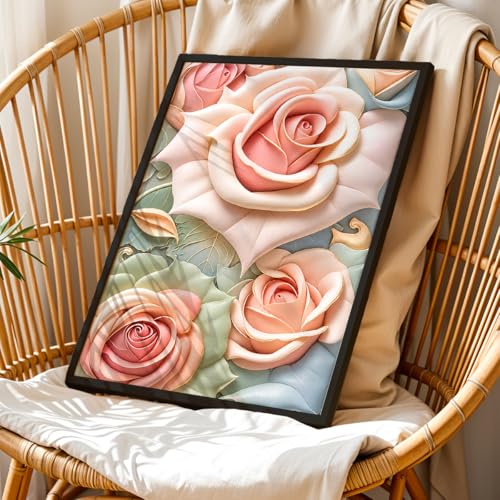 Image of NoWorries 3D Rose Floral Wall Painting with Frame Set of 1 | Premium Textured Pastel Flower Artwork, Luxury Botanical Nature Wall Decor for Living Room, Bedroom, Office and Home Decoration (3d Art-12,17x25inch)