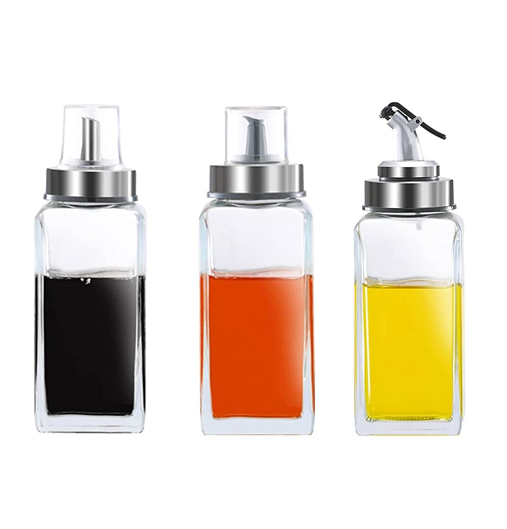 Botellas dispensador de aceite de oliva de vidrio de 300 ml, aceite de cocina y vinagre cruet, cocina, acero inoxidable de la casa tres tipos de boquillas pequeñas botellas de condimento, 3 pack