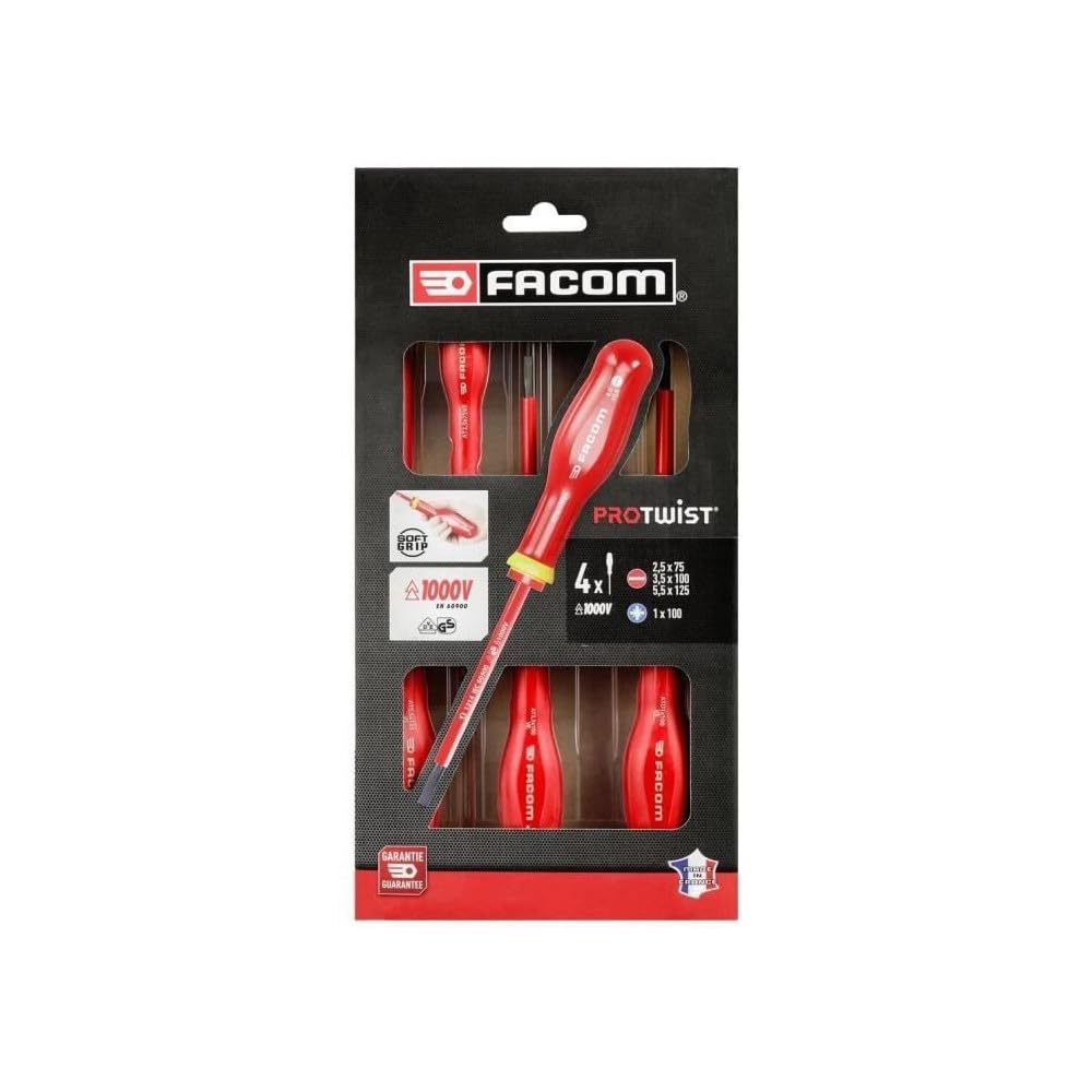 FACOM Set di 4 cacciaviti Protwist isolati 1000V, Set di 2 cacciaviti Fessura + 2 Prozidriv, set di attrezzi trattati in Termico, At4Vepb