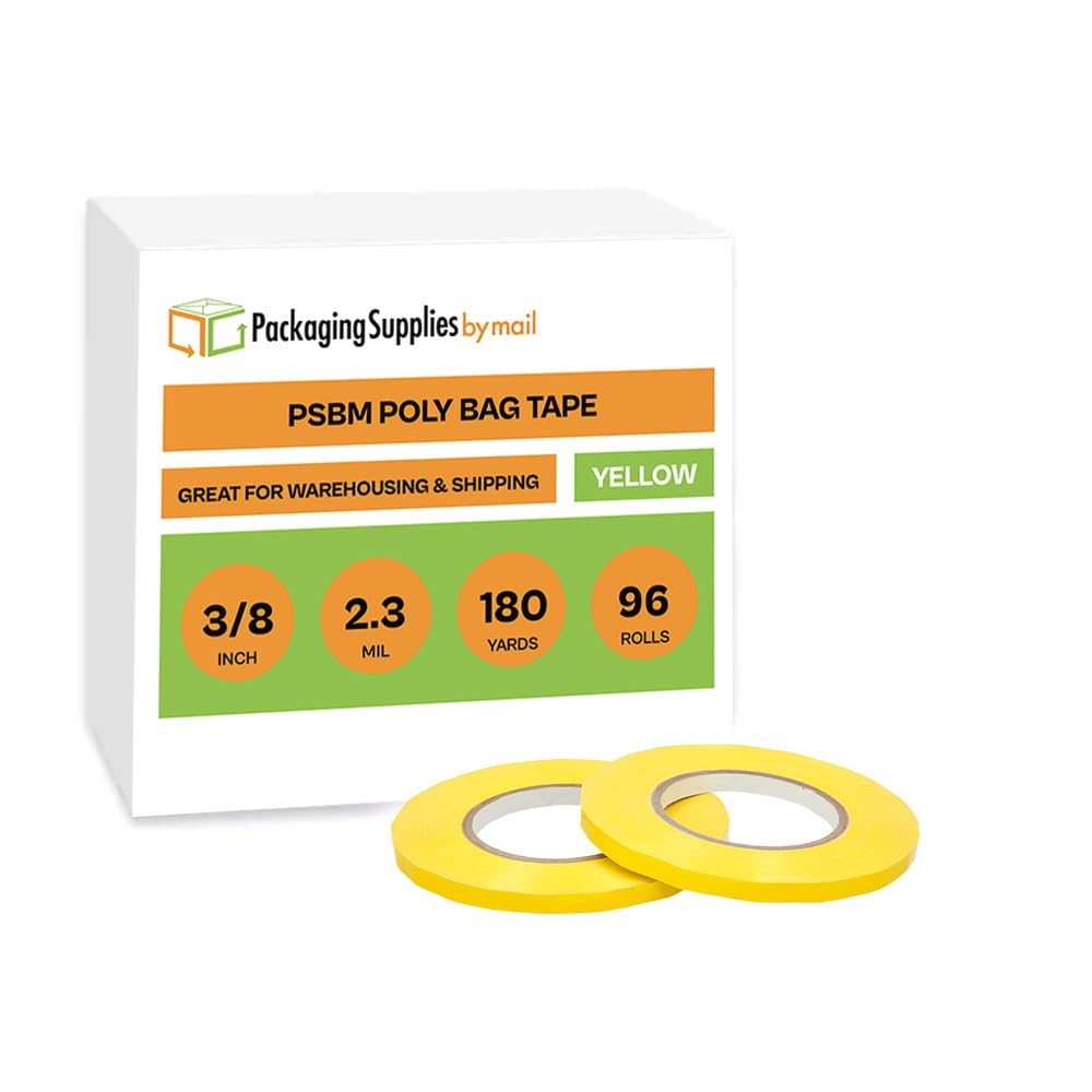 PackagingSuppliesByMail PSBM Poly Bag Sealing Tape, Yellow, 3/8 Inch x 180 Yards, 96 Pack, 2.3 Mil, Colored Sealer Tape for Dispenser Refill, Bags, Polybags, Produce, Wrapping, Freezer