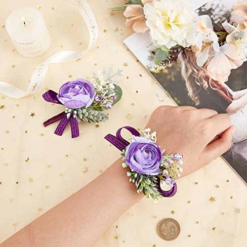 CRASPIRE 2PCS Flower Wrist Corsage Wedding Flowers Accessories Artificial Purple Rose Silk Wristband Boutonniere Buttonholes Rose Wrist Corsage - Image 3