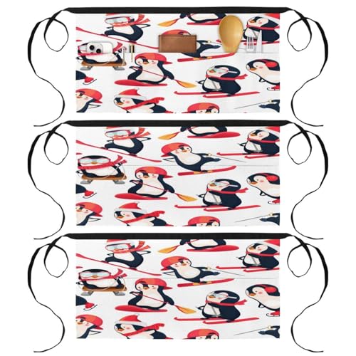 Tablier court de chef lot de 3 demi-tabliers de cuisine à poches imprimé pingouins