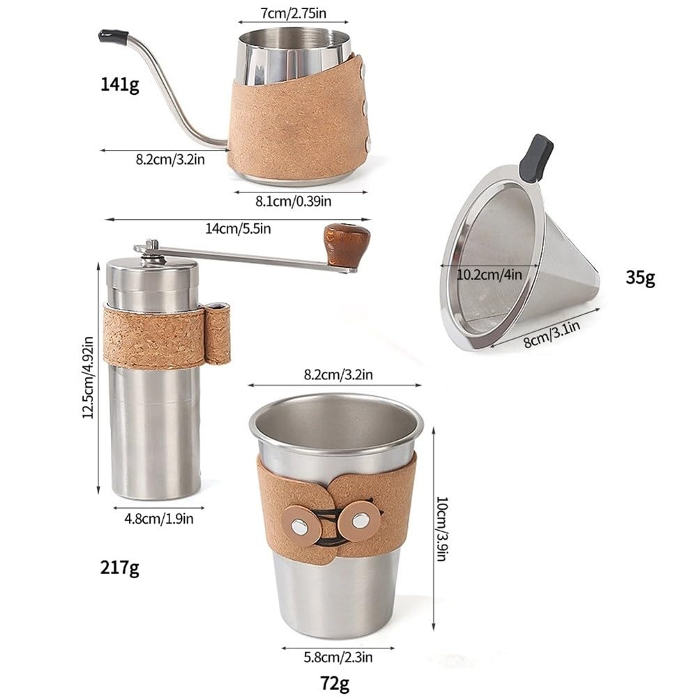 FACAIIO Ensemble de café complet comprenant un pot en acier inoxydable, une tasse, un entonnoir à filtre et un moulin en liège, pour la maison ou le bureau