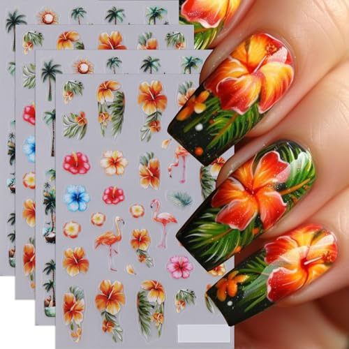 Tropical Nail Stickers Summer Nail Decals 4PCS 3D Self-Adhesive Palm Coconut Tree Flamingo Seabird Sunset Flower Design Ocean Theme Summer Nail Decorations Nail Art for Women Salon Manicure Kit