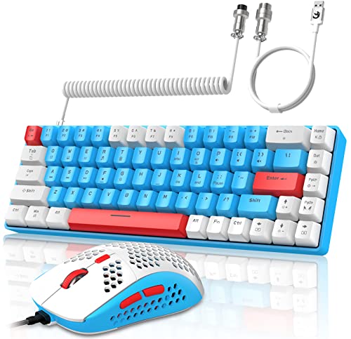 YINDIAO T8 60% RGB Juego de Teclado y Mouse para Juegos+Cable USB C en Espiral,Teclado Mecánico con Cable,US Layout,Compacto TKL de 68 Teclas,Mouse de Nido de Abeja,hasta 6400 dpi,para PC PS5,Azul