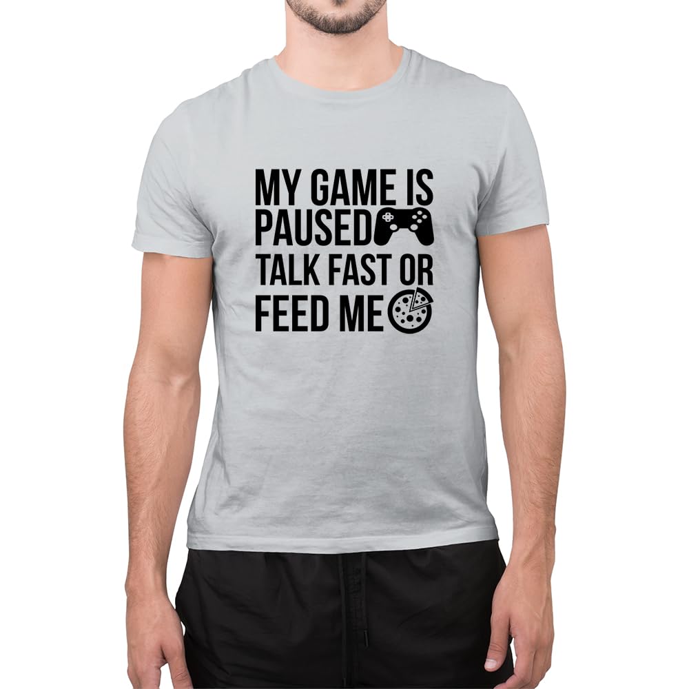 Funny My Game is Paused Gamer Slogan Foodie Pizza Lovers Gaming Novelty T Shirt (Small, Grey)