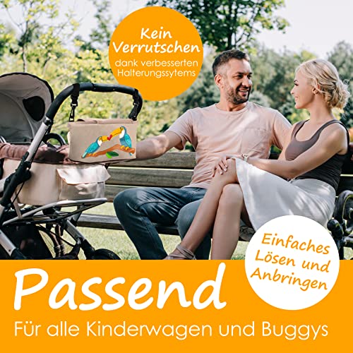 GRINSEZWERGE Kinderwagen Organizer – Premium Kinderwagentasche verschließbar I Kinder Buggy Tasche mit Feuchttuchspender I Baby Stroller Bag Grau I Aufbewahrungstasche (Theo Tiger (schwarz))