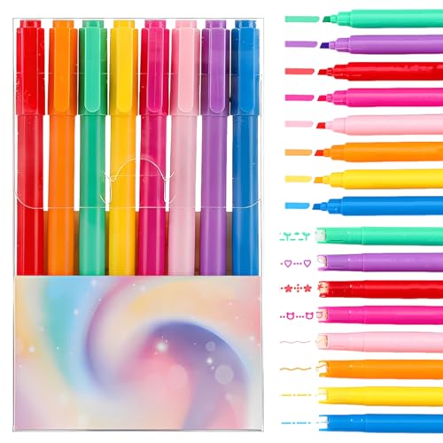 BAHME 8 Pcs Bolígrafos Curvos de Colores tomar notas, Marcadores de Punta Doble con 8 Formas de Curva Diferentes & 8 Líneas Finas de Colores, Juego de Rotuladores Resaltadores Curvos para Niños