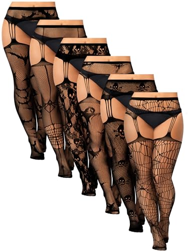 Image of Jadive 6 Pairs Women Plus Size Suspender Tights Fishnet Thigh High Stockings Garter Belt Lingerie Pantyhose