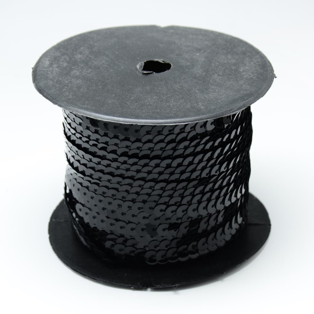 Stiesy 100 Yards Black Sequin Beads Strip Flat Round 6mm Sequin Beaded Paillette Trim String Chain Roll for Jewellry Making Ribbon Sewing Costumes Ornament