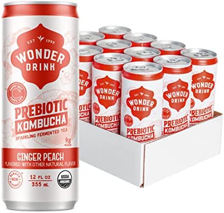 Wonder Drink Organic Kombucha Plant-Based Prebiotic Gut Health Sparkling Fermented Tea Low Calorie & Low Sugar Soda Alternative, Digestive Health Benefits, Non-Alcoholic Ginger Peach, 12oz Pack of 12