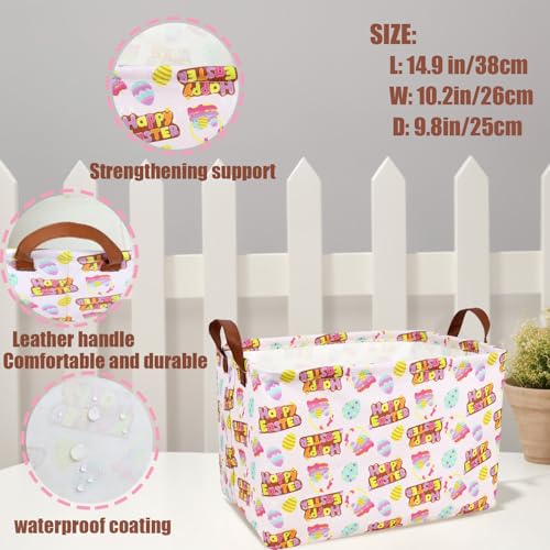 Image of Large Empty Easter Basket for Kid Baby Rectangular Cute Easter Gift Bunny Eggs Decor Storage Basket (Pink Happy Egg)