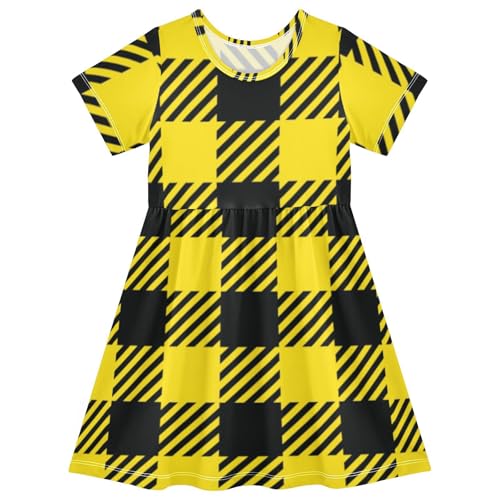 Aflyko Basic Girls' Short Sleeve Dress Black Yellow Classic Plaid Toddler Everyday Dresses