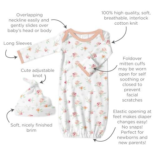 Image of SwaddleDesigns Softest Cotton Baby Pajama Gown with Foldover Mitten Cuffs for Infant Boy and Girl, Newborn, 0-3 Months