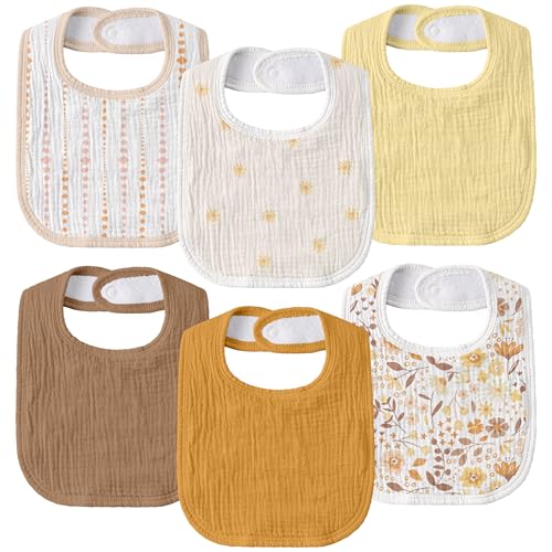 Image of Muslin Bibs for Baby Boy Girl, Adjustable Fit for Drooling and Teething | 6Pk, 100% Soft Cotton Surface & Multi-Layer Absorbent Core, Shrink-resistant & Fade-Proof, Gentle on Sensitive Newborn skin