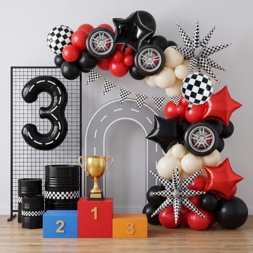 Image of TONIFUL Race Car Party Balloons Set - 40 Inch Racetrack Number 3 Foil Balloon with Checkered & Star Balloons for Boys 3rd Birthday Car Themed Decorations, Baby Shower Photo Backdrop Supplies