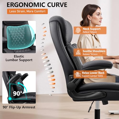 Office Chair,Ergonomic Office Chair with Lumbar Support for Lower Back Pain Relief, Executive Leather Chair with Padded Flip-up Arms, Wheels and Adjustable Armrests, Black - Image 6