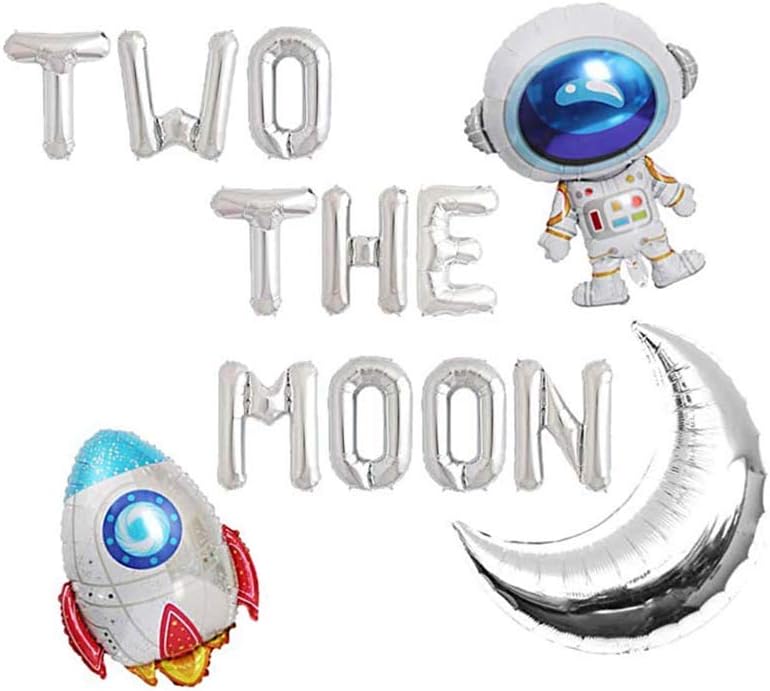 Two The Moon Balloons, 16inch Silver Letter foil Balloons Large Moon Man Robot UFO Theme for 2nd Years Old Brithday Party Supply Decoration