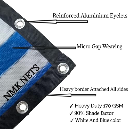 Image of NMK NETS Shade Net 90% Heavy Duty 170 GSM with All Side Eylets for Garden Balcony Multipurpose (6 ft x 10 ft, White and Blue Color Strap)