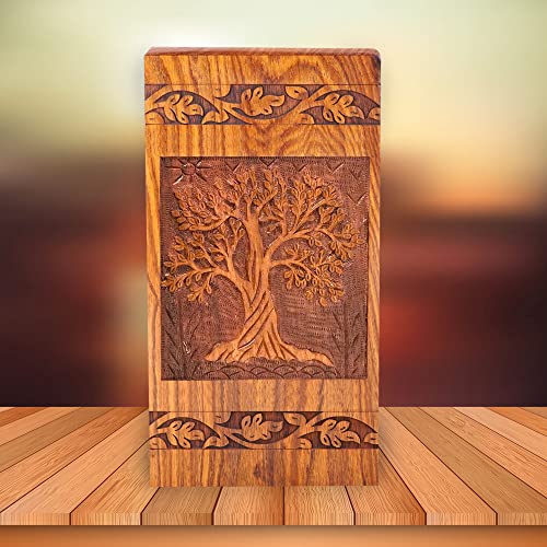 Memorials4u Solid Rosewood Cremation Urn with Hand-Carved Real Tree Design for Human Ashes - Adult Funeral Urn Handcrafted and Engraved - Affordable Urn for Ashes - Wood Urn (Soulful Tree)