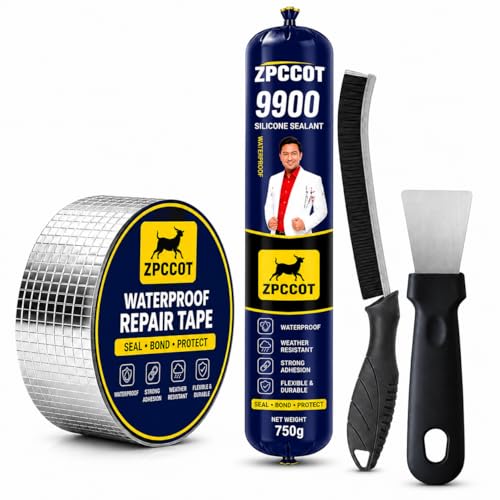 Image of 9900 Waterproof Silicone Sealant & Aluminum Repair Tape Kit, Heavy-Duty Universal Adhesive for Roof, Pipe, Gutter, RV & Outdoor Leak Repair, Strong Weather-Resistant Bond, 750g