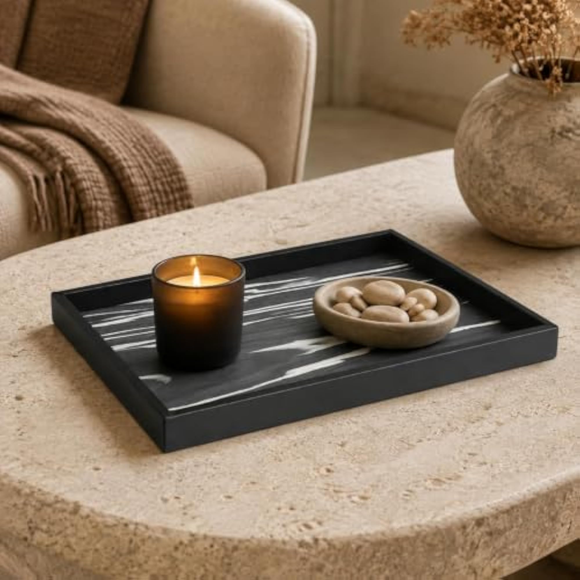 Rectangular Decorative Wood Tray with Raised Edges