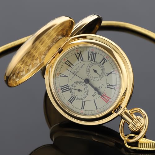 Image of Copper Pocket Watch Train Railroad Steampunk Mechanical London Hand Wind Double Case Mens Watches with Chains & Boxs Christmas Graduation Birthday Gifts Fathers Day(Gold)