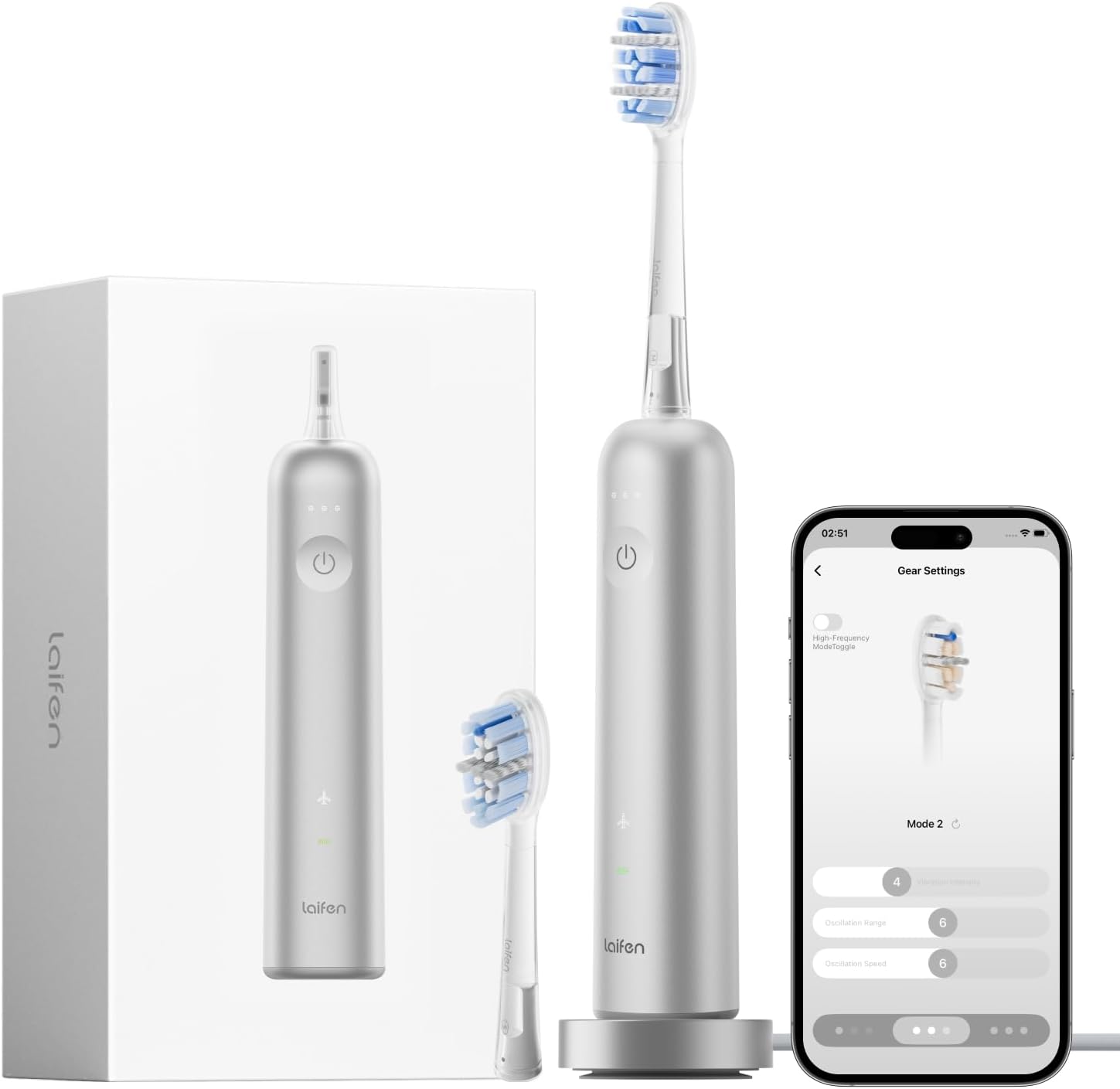 Laifen Wave Pro Sonic Electric Toothbrush for Adults – 2026 Model, 60° Oscillations for Ultra-Clean, Smart App, 70-Day Battery, 2 Brush Heads (Silver Aluminum)
